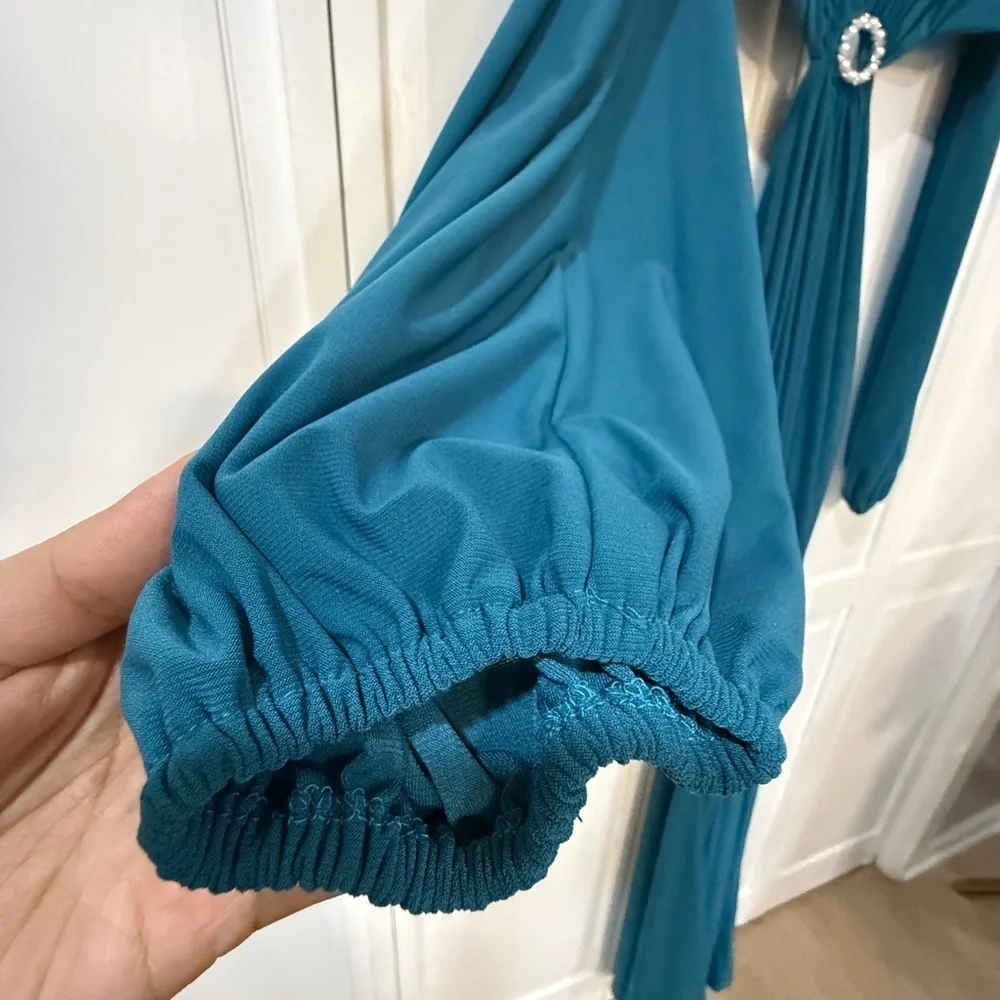 NWT |Mac Duggal 26727 Ocean Blue Jersey Puff Sleeve Cut Out Gown Size 12 - Picture 10 of 12